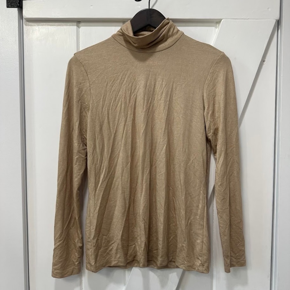 J.McLaughlin Women Nora Top XS Gold Metallic Shimmer Turtleneck Long Sleeve NEW